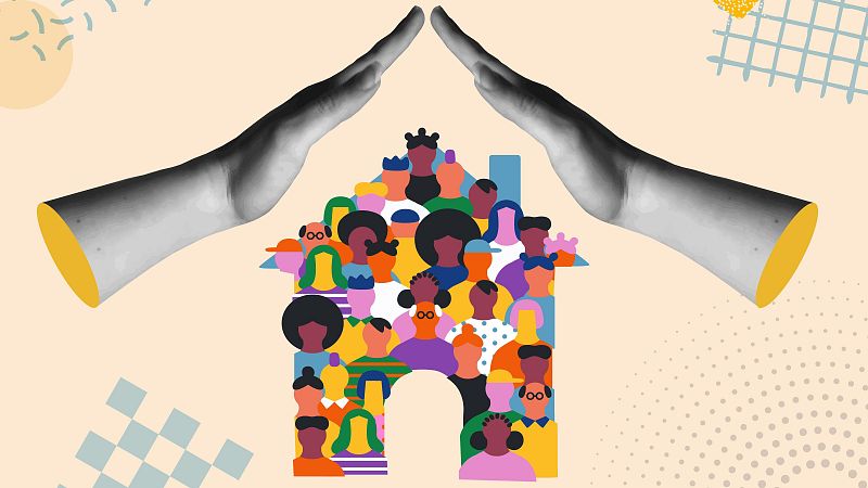 Ilustración de collage con una casa repleta de personas diversas protegida por dos manos humanas en blanco y negro.