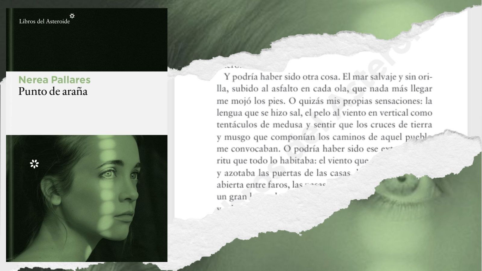 Portada del libro 'Punto de ara�a' de Nerea Pallares junto a un fragmento de lectura sobre papel rasgado en una composici�n gr�fica verde.