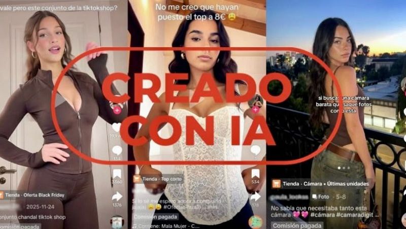 Collage de tres v�deos de TikTok con influencers virtuales y un cartel rojo central que advierte �CREADO CON IA�.