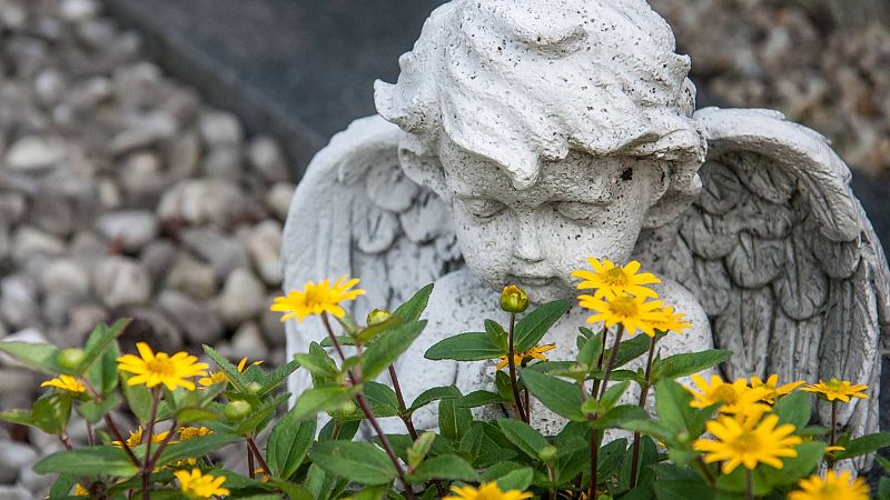 Pequeña estatua de piedra de un querubín con flores amarillas en primer plano y fondo desenfocado de piedras.