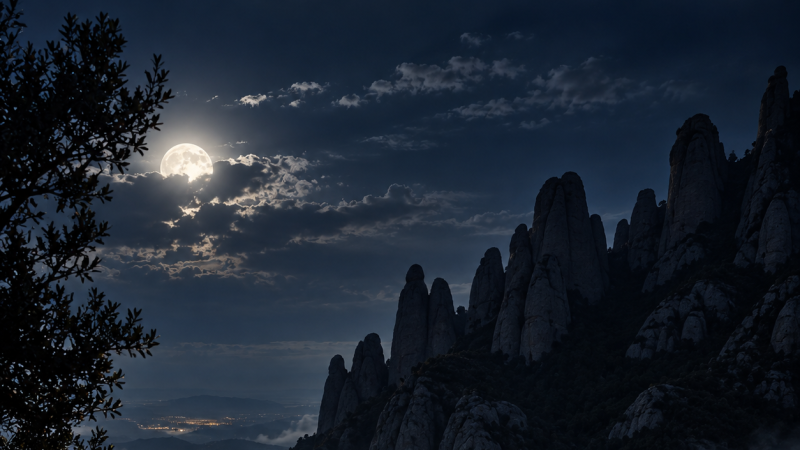Paisaje nocturno de Montserrat bajo la luna llena y nubes, con siluetas de árboles y luces de una ciudad lejana en el valle.