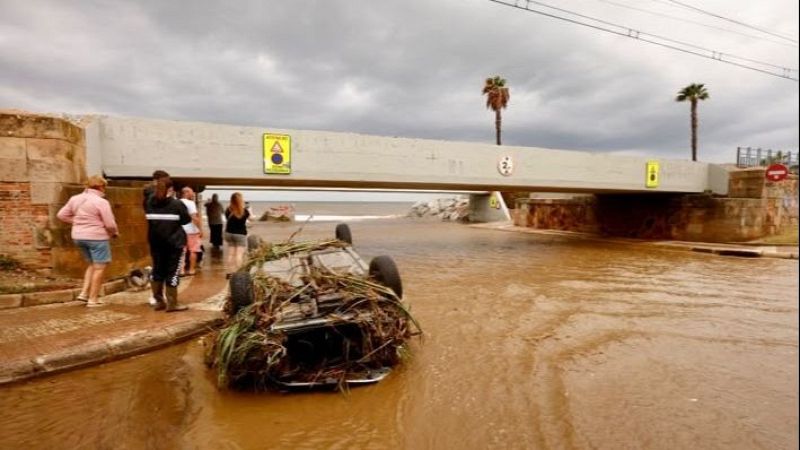 Coche volcado y atrapado por vegetaci�n en una corriente de agua fangosa bajo un puente con se�ales de tr�fico y vecinos observando los da�os.