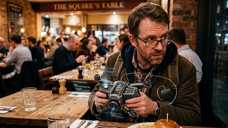 Hombre con gafas y barba sostiene un dispositivo tecnol�gico futurista con proyecciones hologr�ficas en un restaurante con una hamburguesa en la mesa.