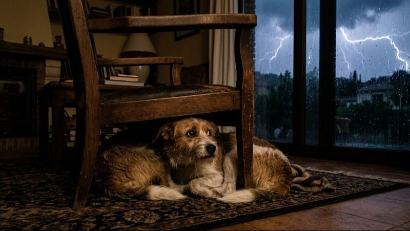 Perro asustado refugiado bajo un sill�n de madera mientras un rel�mpago ilumina el exterior a trav�s de una ventana.