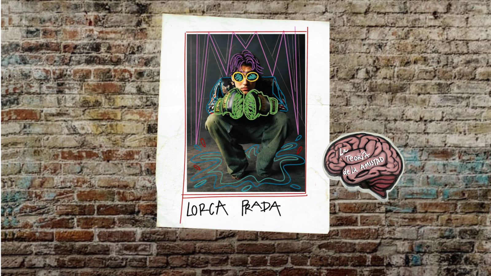 Fotomontaje sobre pared de ladrillo con un cartel que muestra a un joven con guantes de boxeo y trazos de ne�n, acompa�ado por una pegatina de un cerebro con texto.