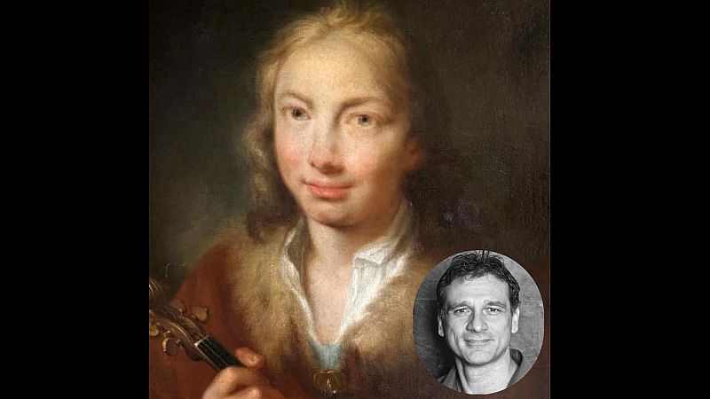 Pintura barroca de un joven con viol�n y retrato fotogr�fico circular en blanco y negro superpuesto.