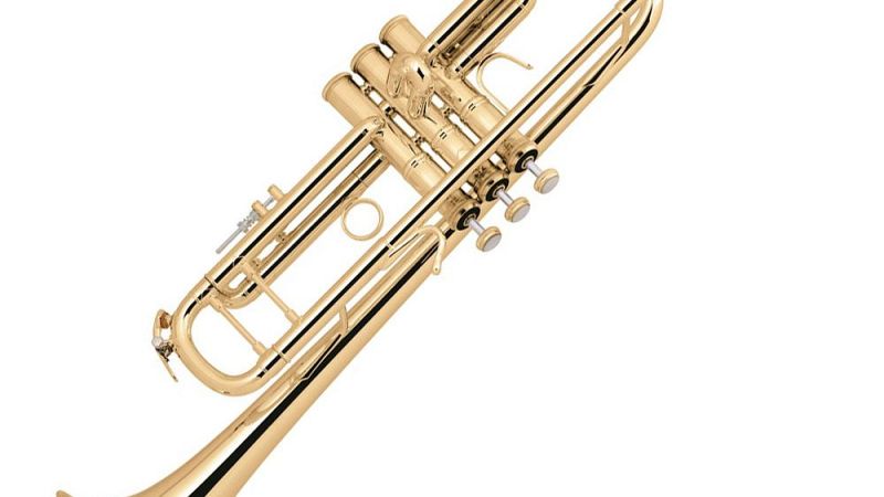 Trompeta profesional de viento metal en si bemol con acabado dorado brillante y fondo blanco.