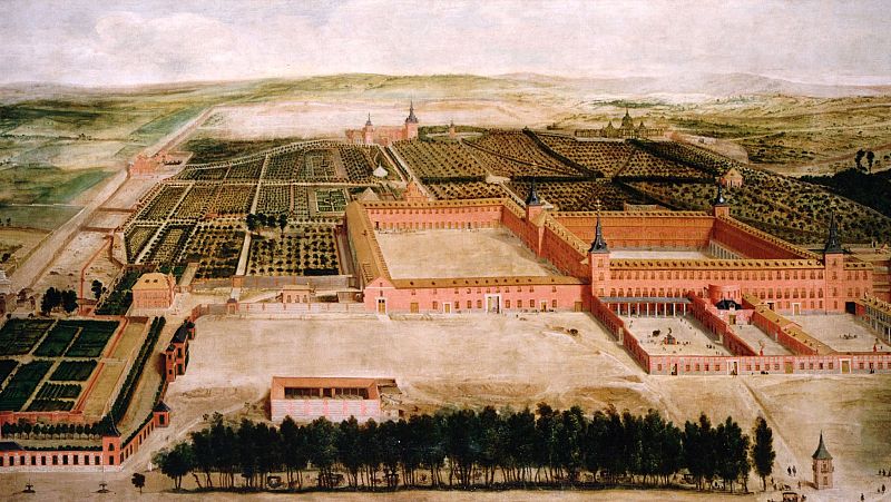 Pintura hist�rica del siglo XVII que muestra una vista panor�mica del Palacio del Buen Retiro con sus edificios de ladrillo, tejados oscuros y grandes jardines.