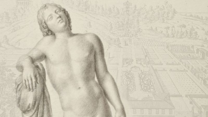 Ilustraci�n en tonos sepia que muestra la escultura cl�sica de un joven atl�tico superpuesta a un grabado hist�rico de una finca con jardines.