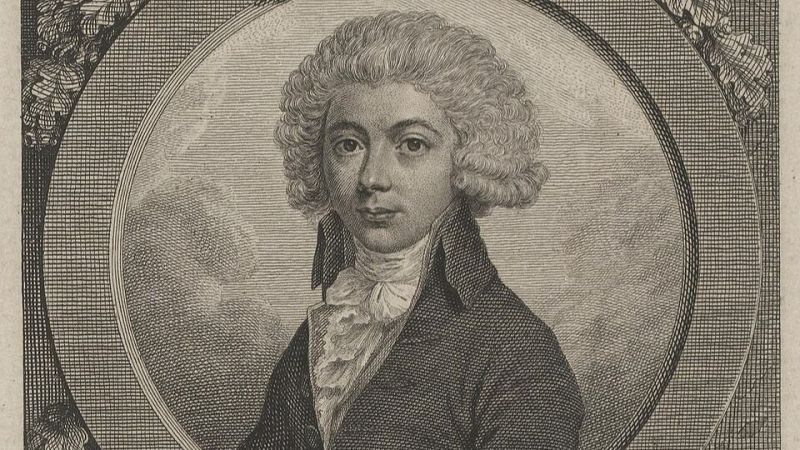 Retrato en grabado del siglo XVIII del compositor Adalbert Gyrowetz enmarcado en un medall�n ovalado con detalles vegetales y fondo de tramas lineales.