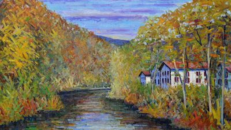 Pintura impresionista de un río rodeado de árboles otoñales y casas rurales tradicionales bajo un cielo suave.
