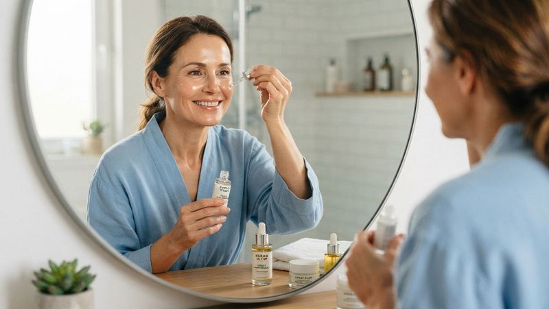 Mujer sonriente aplic�ndose s�rum facial con un gotero frente a un espejo redondo en un ba�o luminoso.