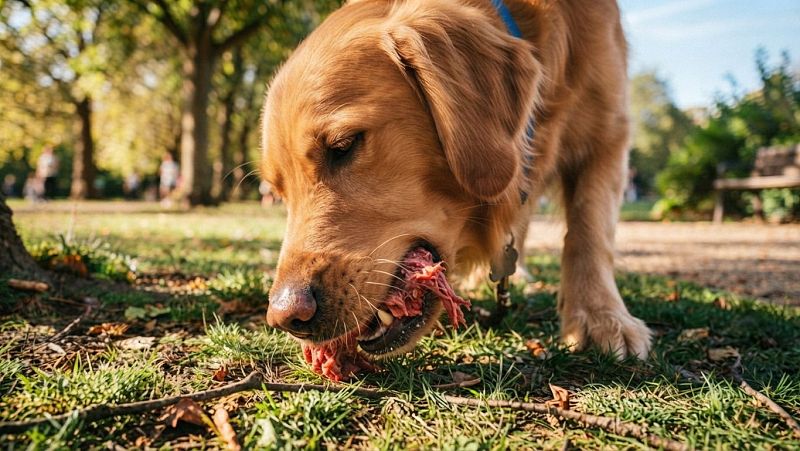 Primer plano de un perro Golden Retriever comiendo carne cruda sobre la hierba en un parque soleado.