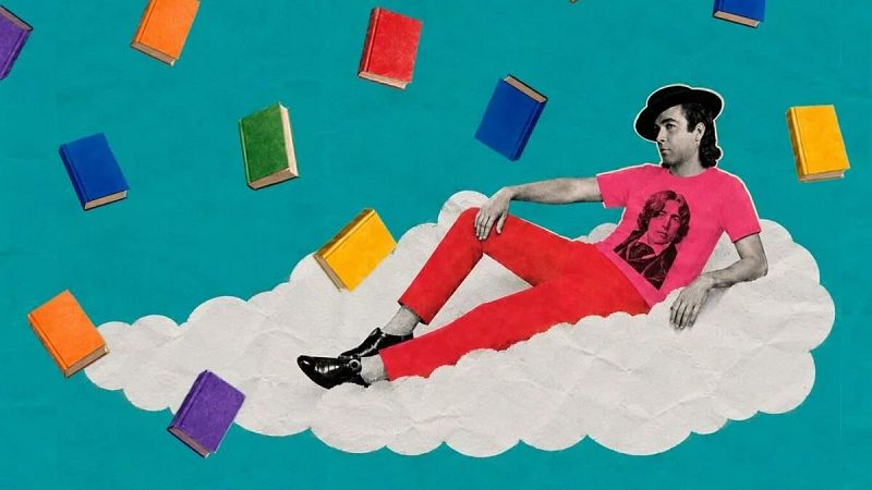 Ilustración estilo collage sobre fondo turquesa con un hombre recostado en una nube blanca, rodeado de libros flotantes coloridos.