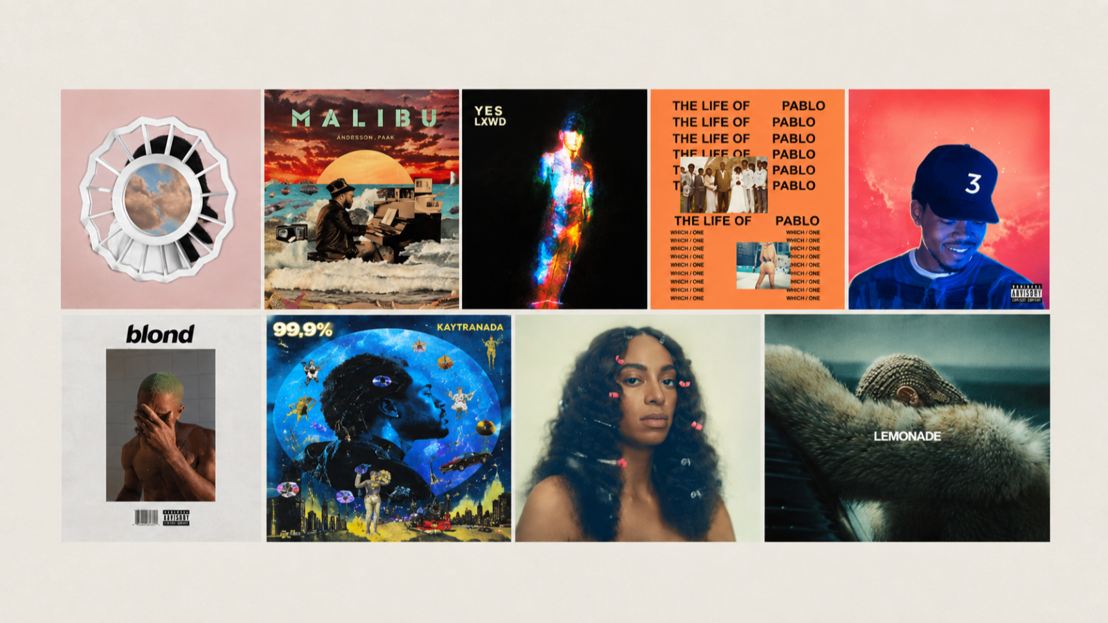 Collage de nueve car�tulas de �lbumes musicales destacados organizados en dos filas sobre un fondo claro, incluyendo portadas ic�nicas de diversos artistas.
