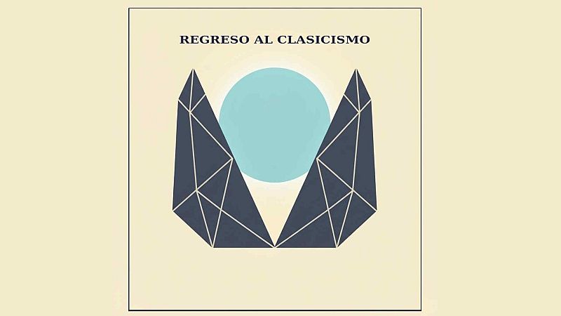 Ilustraci�n minimalista con el texto �REGRESO AL CLASICISMO�, figuras geom�tricas azul oscuro y una esfera turquesa luminosa.