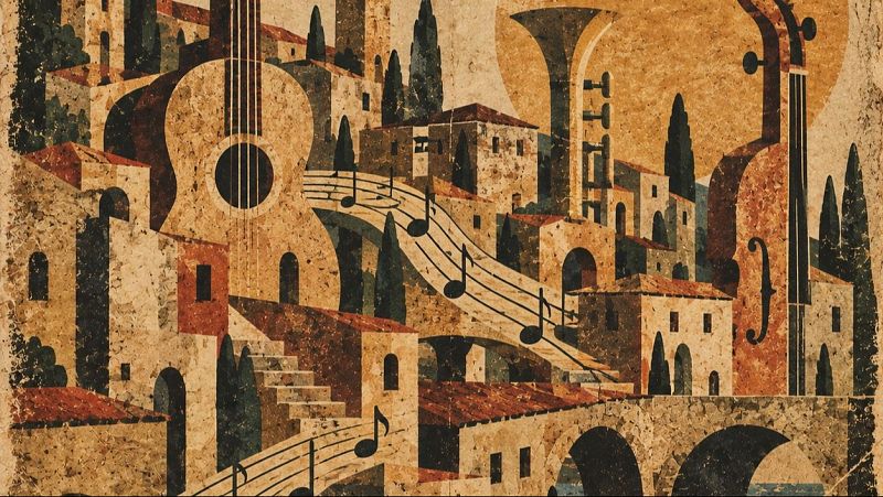 Ilustraci�n vintage con un paisaje urbano mediterr�neo y musical, donde las casas se fusionan con instrumentos y un pentagrama recorre las calles.