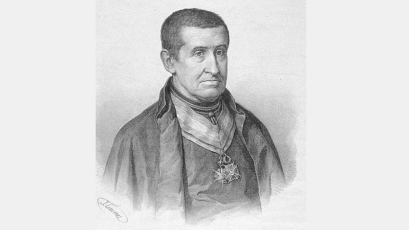 Grabado en blanco y negro del compositor Hilari�n Eslava de busto, con ropa eclesi�stica y una condecoraci�n en el pecho.
