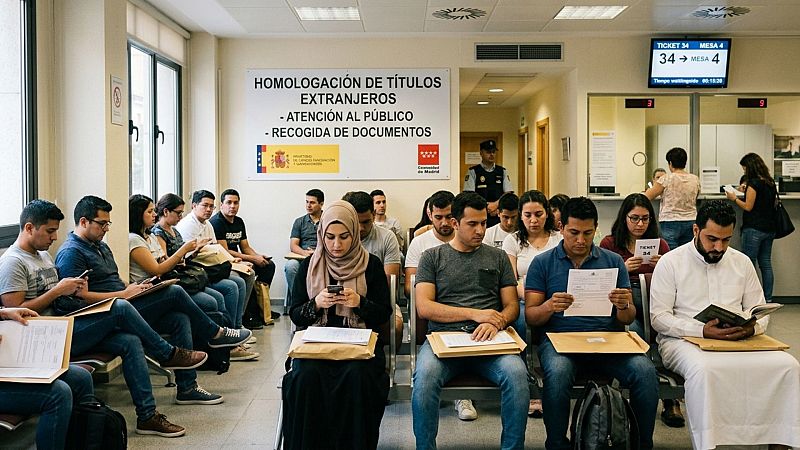Sala de espera pública con personas sentadas en bancadas revisando documentos y teléfonos móviles mientras aguardan su turno.