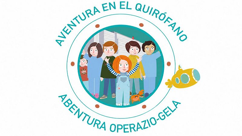 Logotipo infantil y colorido con forma de ojo de buey que muestra a una niña alegre rodeada de niños y sanitarios junto a un submarino amarillo.