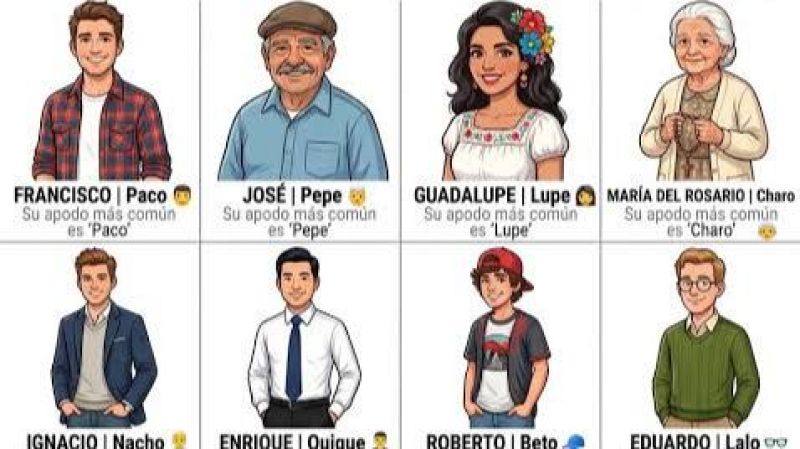 Infografía con ocho nombres tradicionales en español y sus apodos, ilustrados con personajes de estilo animado.