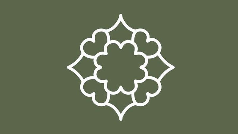 Ilustraci�n digital de un logotipo ornamental blanco con simetr�a radial sobre fondo verde oliva.