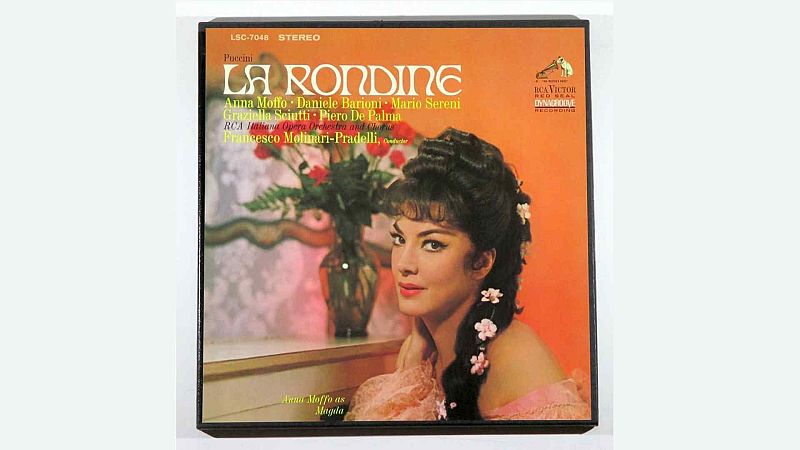 Portada de disco de vinilo de la �pera La rondine de Puccini, protagonizada por la soprano Anna Moffo sobre fondo naranja.