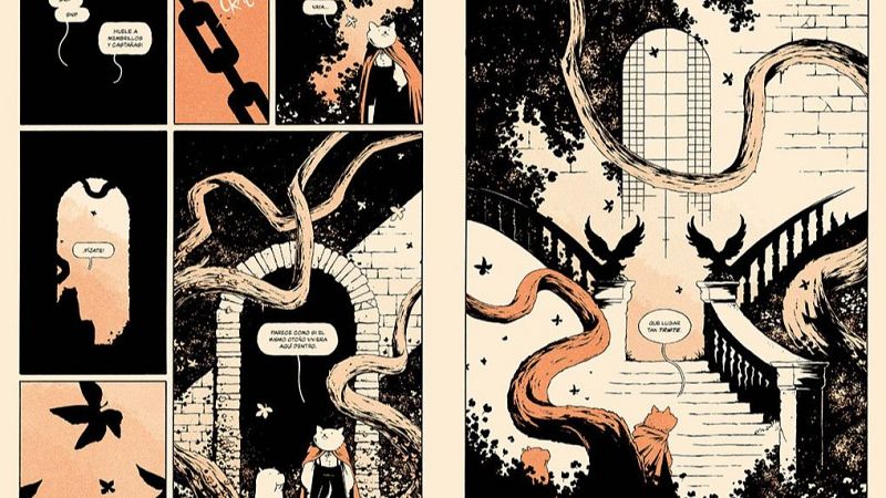 Página de cómic en tonos negros, crema y naranja donde dos personajes felinos exploran un misterioso y decadente palacete invadido por la vegetación.