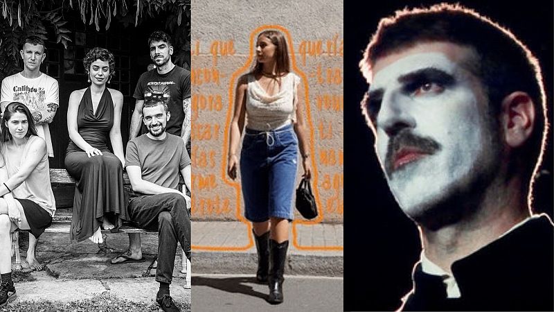 Composici�n fotogr�fica de tres paneles que incluye un grupo musical en la naturaleza, una artista caminando en la calle y un retrato de un m�sico con maquillaje teatral.