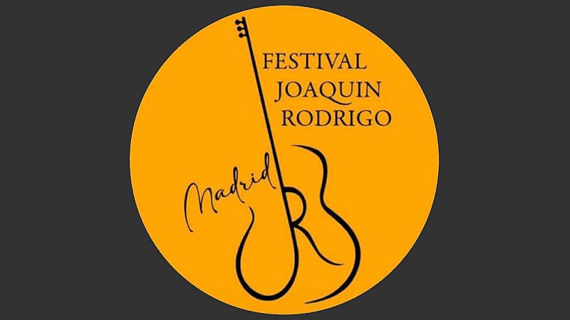 Logotipo con un c�rculo naranja que integra una silueta de guitarra en forma de letra R y el texto Festival Joaqu�n Rodrigo sobre fondo gris.