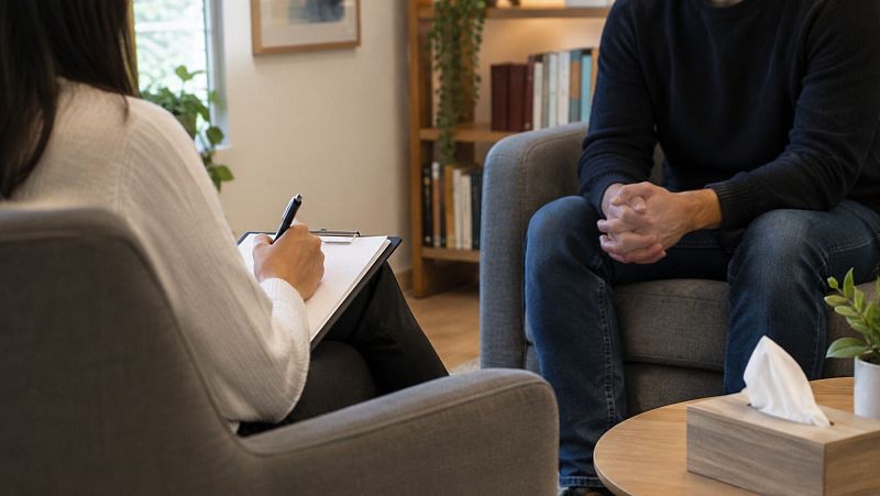 Sesión de terapia psicológica en una consulta con estanterías de libros, donde una mujer escribe notas y un hombre conversa.