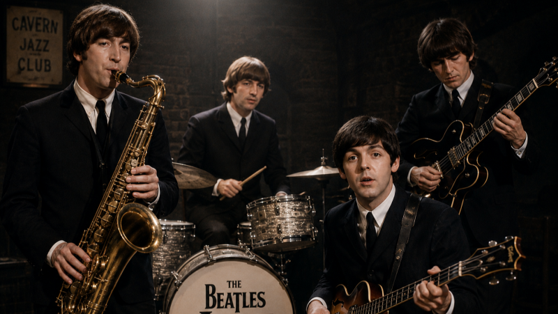 Figuras de cera de los cuatro miembros de The Beatles vestidos de negro en un club subterr�neo.
