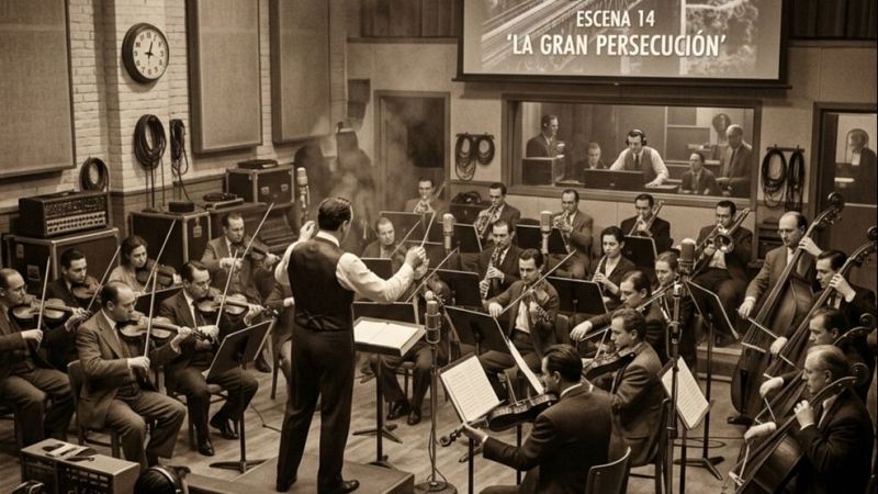 Director de orquesta dirigiendo a m�sicos en un estudio de cine de mediados del siglo XX, con una pantalla de control al fondo que muestra la �ESCENA 14 'LA GRAN PERSECUCI�N'�.