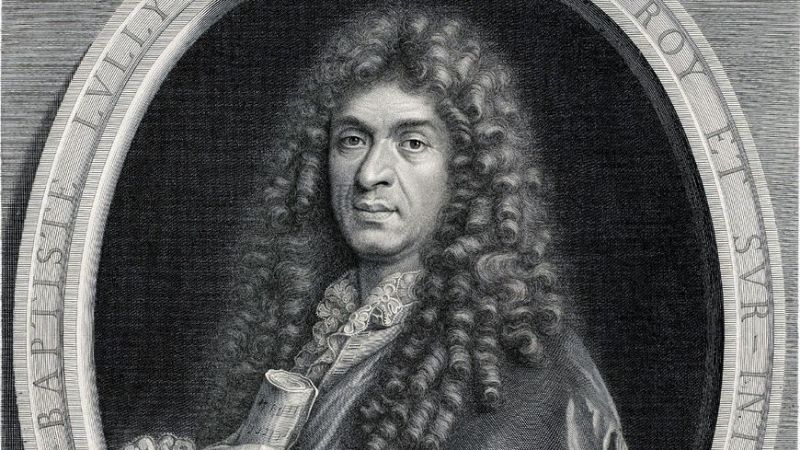 Grabado hist�rico en blanco y negro del compositor Jean-Baptiste Lully dentro de un marco ovalado con inscripciones.