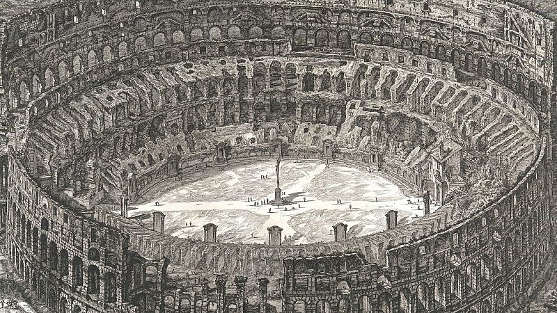 Grabado hist�rico en blanco y negro del interior del Coliseo de Roma con una gran cruz central y diminutas figuras humanas.