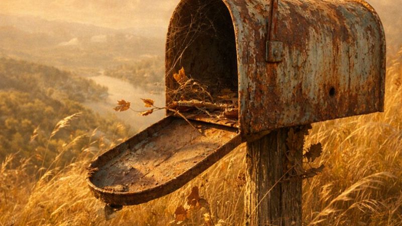 Buz�n de correos rural oxidado sobre poste de madera con puerta abierta llena de hojas secas en un paisaje campestre.