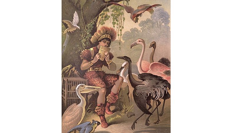 Ilustraci�n cl�sica de Papageno tocando la flauta de pan, sentado junto a un �rbol y rodeado de aves en un paisaje luminoso.