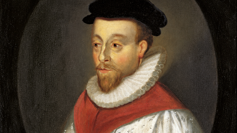 Retrato al �leo del compositor Orlando Gibbons con birrete negro, gorguera blanca y muceta roja en composici�n ovalada.