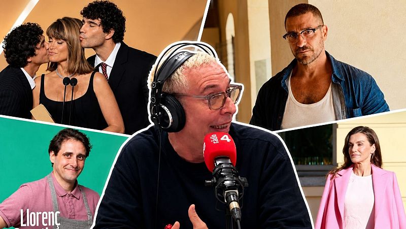 Collage con la imagen central de un locutor ante un micr�fono y varias escenas secundarias que incluyen a la cantante Aitana, un joven con delantal y la reina Letizia.