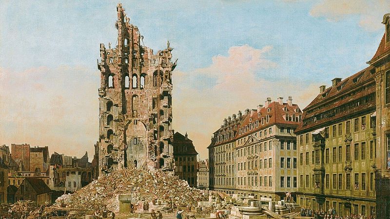 Pintura hist�rica que muestra los vestigios de una iglesia en ruinas con escombros y personas trabajando, junto a edificios barrocos bajo un cielo nublado.