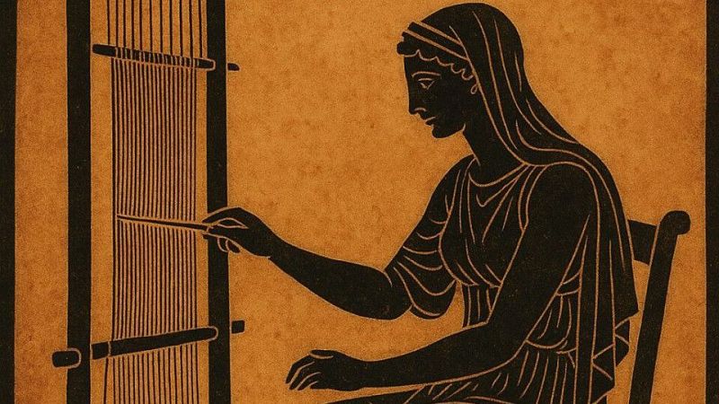 Ilustraci�n de estilo de cer�mica griega antigua en tonos negros y terracota que muestra a Pen�lope tejiendo atentamente en un telar vertical.
