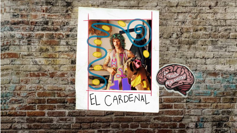 Cartel promocional sobre muro de ladrillo con la foto enmarcada de un hombre con marioneta y una ilustraci�n de un cerebro al lado.