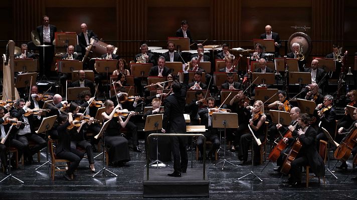 Orquesta sinfónica actuando en directo sobre un escenario de madera bajo una iluminación tenue, con el director de espaldas sosteniendo la batuta y músicos con instrumentos formales.