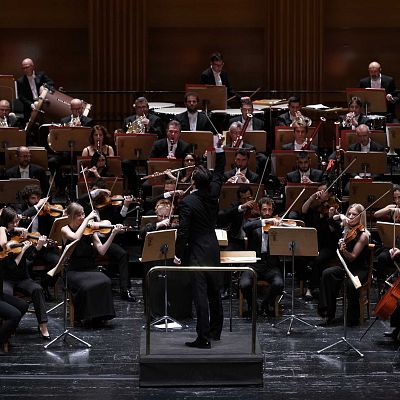 Orquesta sinfónica actuando en directo sobre un escenario de madera bajo una iluminación tenue, con el director de espaldas sosteniendo la batuta y músicos con instrumentos formales.
