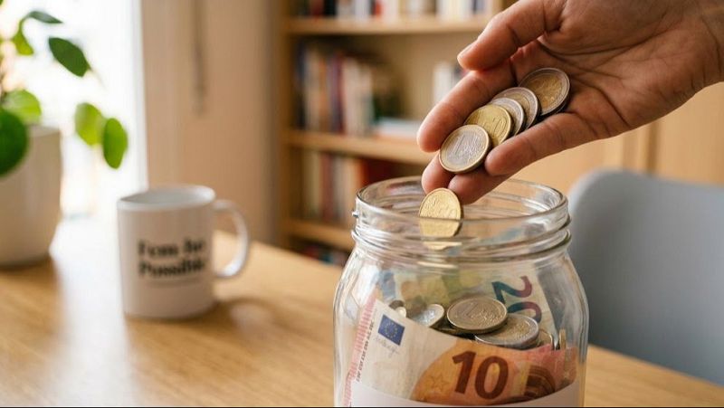 Una mano introduce una moneda en un tarro de cristal transparente que sirve como hucha, sobre una mesa de madera y con fondo difuminado.