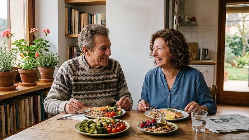 Una pareja madura comparte una comida saludable con salm�n y verduras en una luminosa estancia con libros y plantas.
