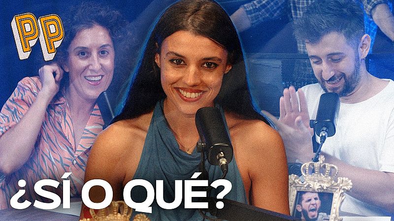 Tres participantes sonrientes en un estudio de podcast frente a micr�fonos profesionales, acompa�ados por el r�tulo "�S� O QU�?" y el logotipo "PP".