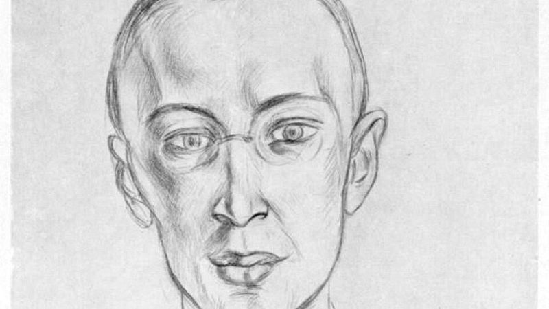 Dibujo a l�piz en blanco y negro de Henri Matisse que muestra el primer plano del rostro de un hombre con gafas redondas y expresi�n reflexiva.
