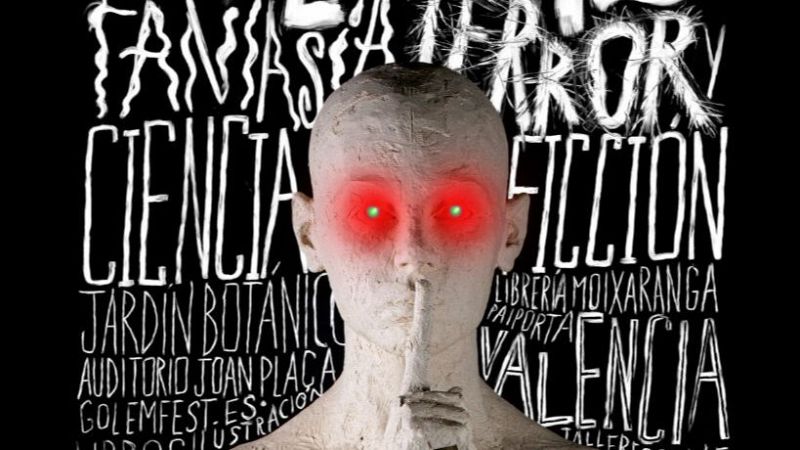 Busto humanoide de arcilla blanca pidiendo silencio con ojos de luz roja sobre fondo negro con textos blancos de géneros literarios.