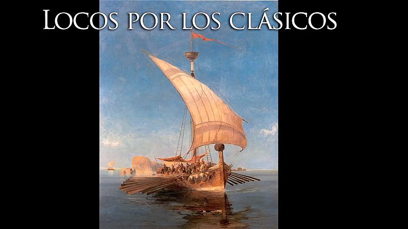 Ilustraci�n cl�sica de la galera griega Argos con su tripulaci�n navegando en aguas turquesas bajo un cielo despejado.